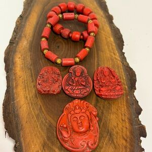 Red Beaded Bracelets and (4) Buddha Pendants